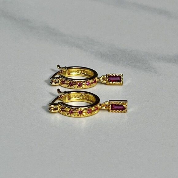 New! “Gisele” Dainty Ruby Red Drop Hoop Earrings - Picture 3 of 5